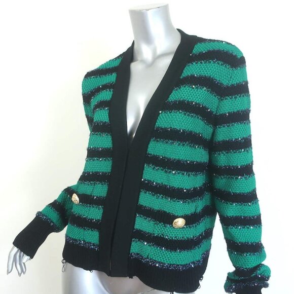 Balmain Sequin-Embellished Striped Distressed Knit Cardigan Green/Black Size 42 - Picture 3 of 9